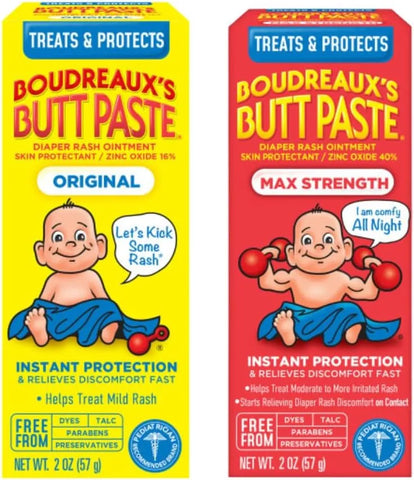 Boudreaux’s Butt Paste Diaper Rash Ointment, Baby Rash Cream Skin Protectant, Fast Relief, Soothing Barrier Cream, Original, Maximum Strength, 2 Ounce Tube (Variety Pack of 2)
