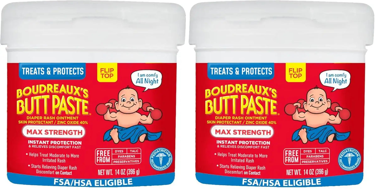 Boudreaux’s Butt Paste Max Strength Diaper Rash Cream for Baby, Ointment With Zinc Oxide, 14 oz Flip-Top Jar (Pack of 2)