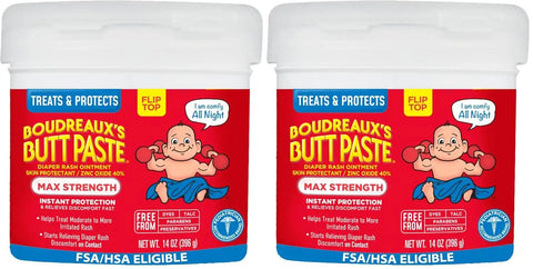 Boudreaux’s Butt Paste Max Strength Diaper Rash Cream for Baby, Ointment With Zinc Oxide, 14 oz Flip-Top Jar (Pack of 2)