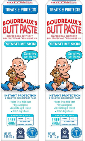 Boudreaux's Butt Paste for Sensitive Skin Diaper Rash Cream, Ointment for Baby, 4 oz Tube, 2 Pack