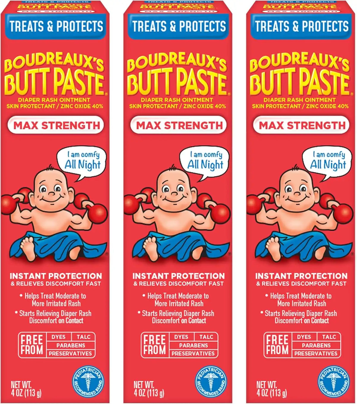 Boudreaux’s Butt Paste Diaper Rash Ointment, Baby Rash Cream Skin Protectant, Fast Relief for Diaper Rash, Soothing Barrier Cream, Maximum Strength, 4 Ounce Tube (Pack of 3)