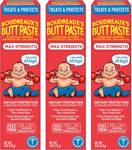 Boudreaux’s Butt Paste Diaper Rash Ointment, Baby Rash Cream Skin Protectant, Fast Relief for Diaper Rash, Soothing Barrier Cream, Maximum Strength, 4 Ounce Tube (Pack of 3)