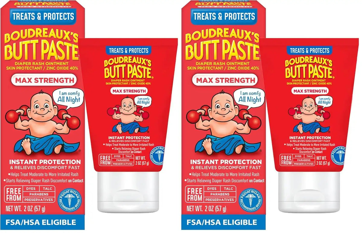 Boudreaux’s Butt Paste Max Strength Diaper Rash Cream for Baby, Ointment With Zinc Oxide, 2 oz Tube (Pack of 2)