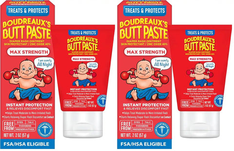 Boudreaux’s Butt Paste Max Strength Diaper Rash Cream for Baby, Ointment With Zinc Oxide, 2 oz Tube (Pack of 2)