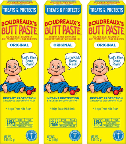 Boudreaux's Butt Paste Original Diaper Rash Cream, Ointment for Baby, 4 oz Tube, 3 Pack