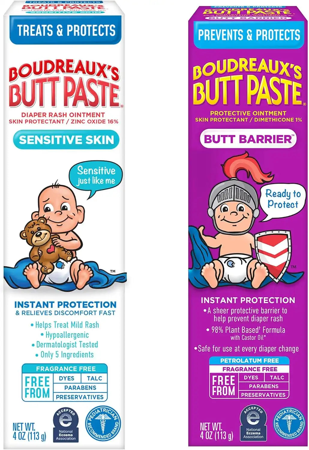 Boudreaux's Butt Paste 4oz Butt Barrier Ointment and 4oz Sensitive Skin Diaper Rash Ointment