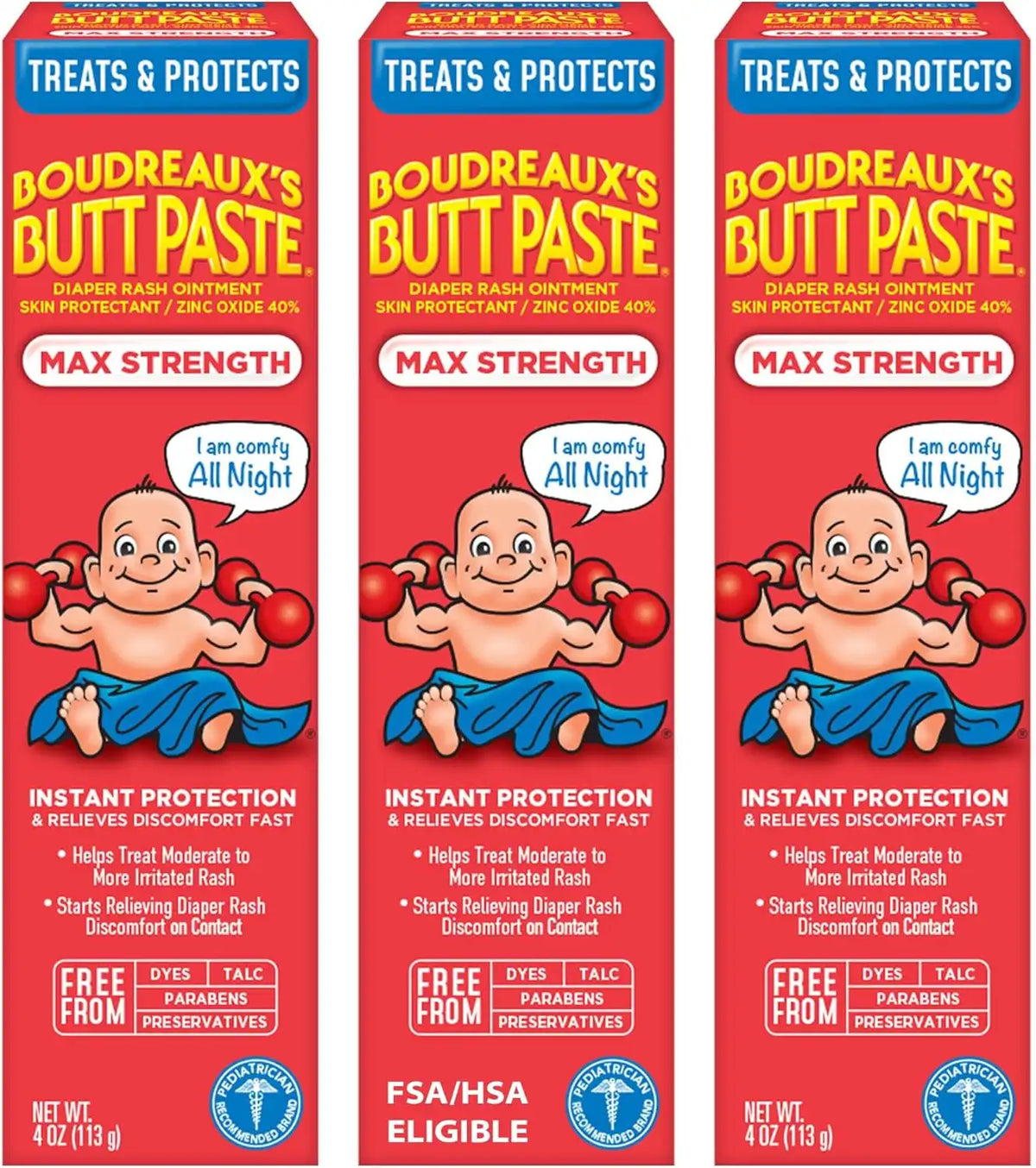 Boudreaux’s Butt Paste Maximum Strength Diaper Rash Cream, 4 Oz, Pack of 3