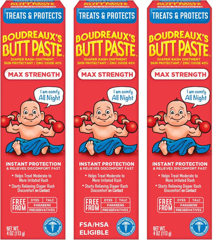 Boudreaux’s Butt Paste Maximum Strength Diaper Rash Cream, 4 Oz, Pack of 3